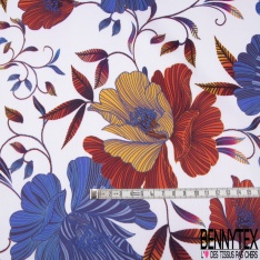 Satin de Coton Léger Imprimé Motif Floral ton Bleu Brique Moutarde Fond Blanc