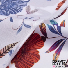 Satin de Coton Léger Imprimé Motif Floral ton Bleu Brique Moutarde Fond Blanc