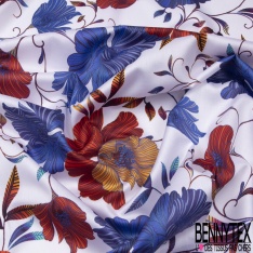 Satin de Coton Léger Imprimé Motif Floral ton Bleu Brique Moutarde Fond Blanc