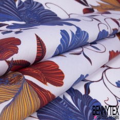 Satin de Coton Léger Imprimé Motif Floral ton Bleu Brique Moutarde Fond Blanc