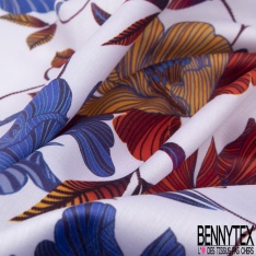 Satin de Coton Léger Imprimé Motif Floral ton Bleu Brique Moutarde Fond Blanc