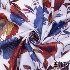 Satin de Coton Léger Imprimé Motif Floral ton Bleu Brique Moutarde Fond Blanc