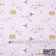 Jersey Coton Elasthanne Imprimé Tête Ours et Renard Nuage fond Rose