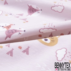 Jersey Coton Elasthanne Imprimé Tête Ours et Renard Nuage fond Rose