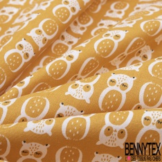Coton imprimé Couple de Grands Ducs Blanc fond jaune de Chine