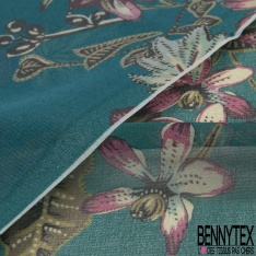 Mousseline Voile Polyester imprimé Floral Cachemire Rétro Multicolore fond Vert Cadmium