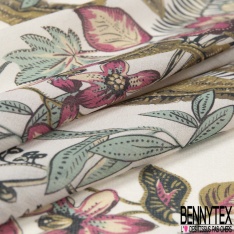 Mousseline Voile Polyester imprimé Floral Cachemire Rétro Multicolore fond Vert Cadmium