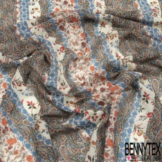 Voile Soie Viscose Crépon imprimé Tropical faune et Flore Multicolore fond Blanc Discret petite laize