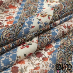 Voile Soie Viscose Crépon imprimé Tropical faune et Flore Multicolore fond Blanc Discret petite laize
