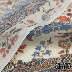 Voile Soie Viscose Crépon imprimé Tropical faune et Flore Multicolore fond Blanc Discret petite laize