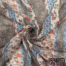 Voile Soie Viscose Crépon imprimé Tropical faune et Flore Multicolore fond Blanc Discret petite laize