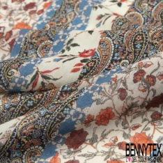 Voile Soie Viscose Crépon imprimé Tropical faune et Flore Multicolore fond Blanc Discret petite laize