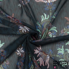 Mousseline Voile Crépon Polyester imprimé Grande Fleur Cachemire Multicolore fond Jaspe