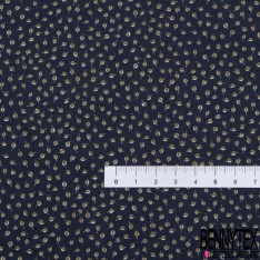 Popeline Coton Elasthanne imprimé Petite Feuille Blanche fond Bleu Mazarine
