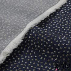 Popeline Coton Elasthanne imprimé Petite Feuille Blanche fond Bleu Mazarine