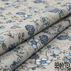 Coton imprimé fleurs bleues Fond gris