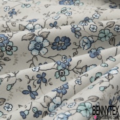 Coton imprimé fleurs bleues Fond gris