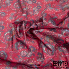 Coton imprimé motif floral cachemire multicolore Fond rouge rosé
