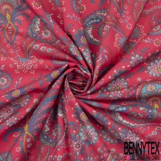Coton imprimé motif floral cachemire multicolore Fond rouge rosé