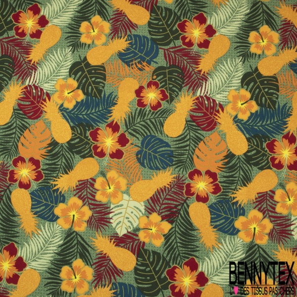 Toile à Transat et Chilienne imprimé feuilles multicolores et ananas chaleur d'or Fond vert