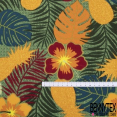 Toile à Transat et Chilienne imprimé feuilles multicolores et ananas chaleur d'or Fond vert