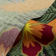 Toile à Transat et Chilienne imprimé feuilles multicolores et ananas chaleur d'or Fond vert