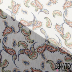 Mousseline Voile Polyester Crépon façon soie imprimé motif cachemire multicolore Fond blanc