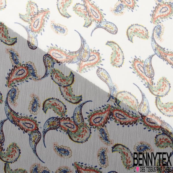 Mousseline Voile Polyester Crépon façon soie imprimé motif cachemire multicolore Fond blanc