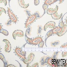 Mousseline Voile Polyester Crépon façon soie imprimé motif cachemire multicolore Fond blanc