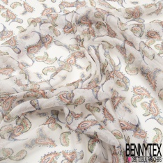 Mousseline Voile Polyester Crépon façon soie imprimé motif cachemire multicolore Fond blanc