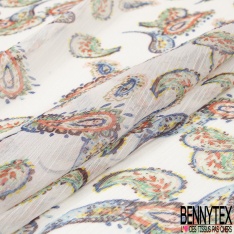 Mousseline Voile Polyester Crépon façon soie imprimé motif cachemire multicolore Fond blanc