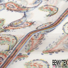 Mousseline Voile Polyester Crépon façon soie imprimé motif cachemire multicolore Fond blanc
