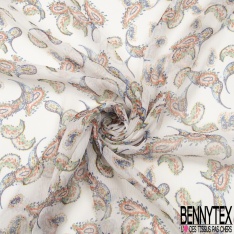 Mousseline Voile Polyester Crépon façon soie imprimé motif cachemire multicolore Fond blanc
