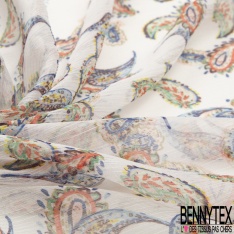 Mousseline Voile Polyester Crépon façon soie imprimé motif cachemire multicolore Fond blanc