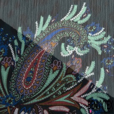 Mousseline Voile Polyester Crépon façon soie imprimé motif floral cachemire multicolore Fond léopard noir et pétrole