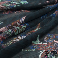 Mousseline Voile Polyester Crépon façon soie imprimé motif floral cachemire multicolore Fond léopard noir et pétrole