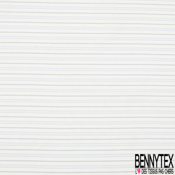 Doublure Bemberg imprimé rayures horizontales bleues, noires et grises Fond blanc