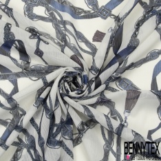 Mousseline Voile Polyester Crépon façon soie imprimé motif chaine ton bleue Fond blanc discret transparent
