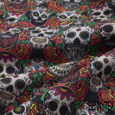 Coupon 3m Coton imprimé Frida tête de mort calaveras fond bouton d'or et fleur