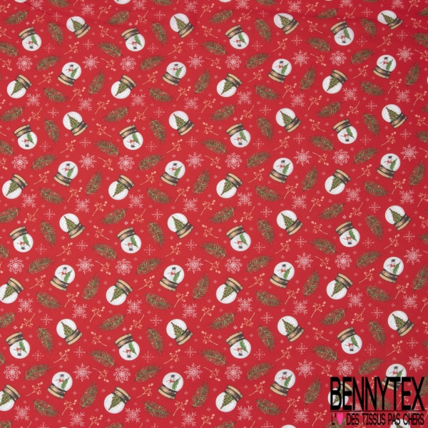 Coton de Noël imprimé boule de neige de Noël traditionnel fond rouge