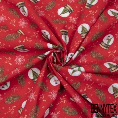 Coton de Noël imprimé boule de neige de Noël traditionnel fond rouge