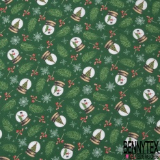 Coton de Noël imprimé boule de neige de Noël traditionnel fond vert