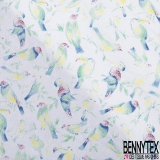Popeline coton imprimé oiseau tropical pointilliste ton rose fond blanc discret