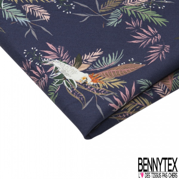 Popeline coton imprimé oiseau tropical pointilliste ton bleu fond blanc discret