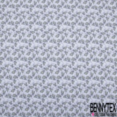 Jersey Viscose imprimé ananas fantaisie et rectangle strié ton navy fond blanc discret