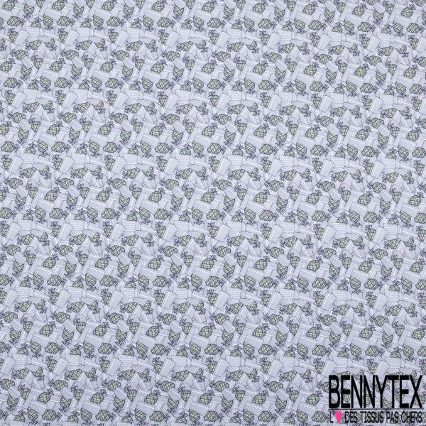Jersey Viscose imprimé ananas fantaisie et rectangle strié ton navy fond blanc discret