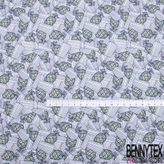 Jersey Viscose imprimé ananas fantaisie et rectangle strié ton navy fond blanc discret