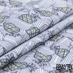 Jersey Viscose imprimé ananas fantaisie et rectangle strié ton navy fond blanc discret