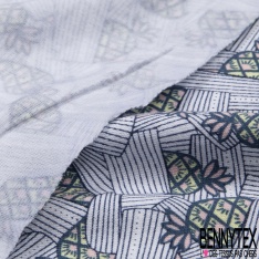 Jersey Viscose imprimé ananas fantaisie et rectangle strié ton navy fond blanc discret