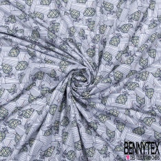 Jersey Viscose imprimé ananas fantaisie et rectangle strié ton navy fond blanc discret